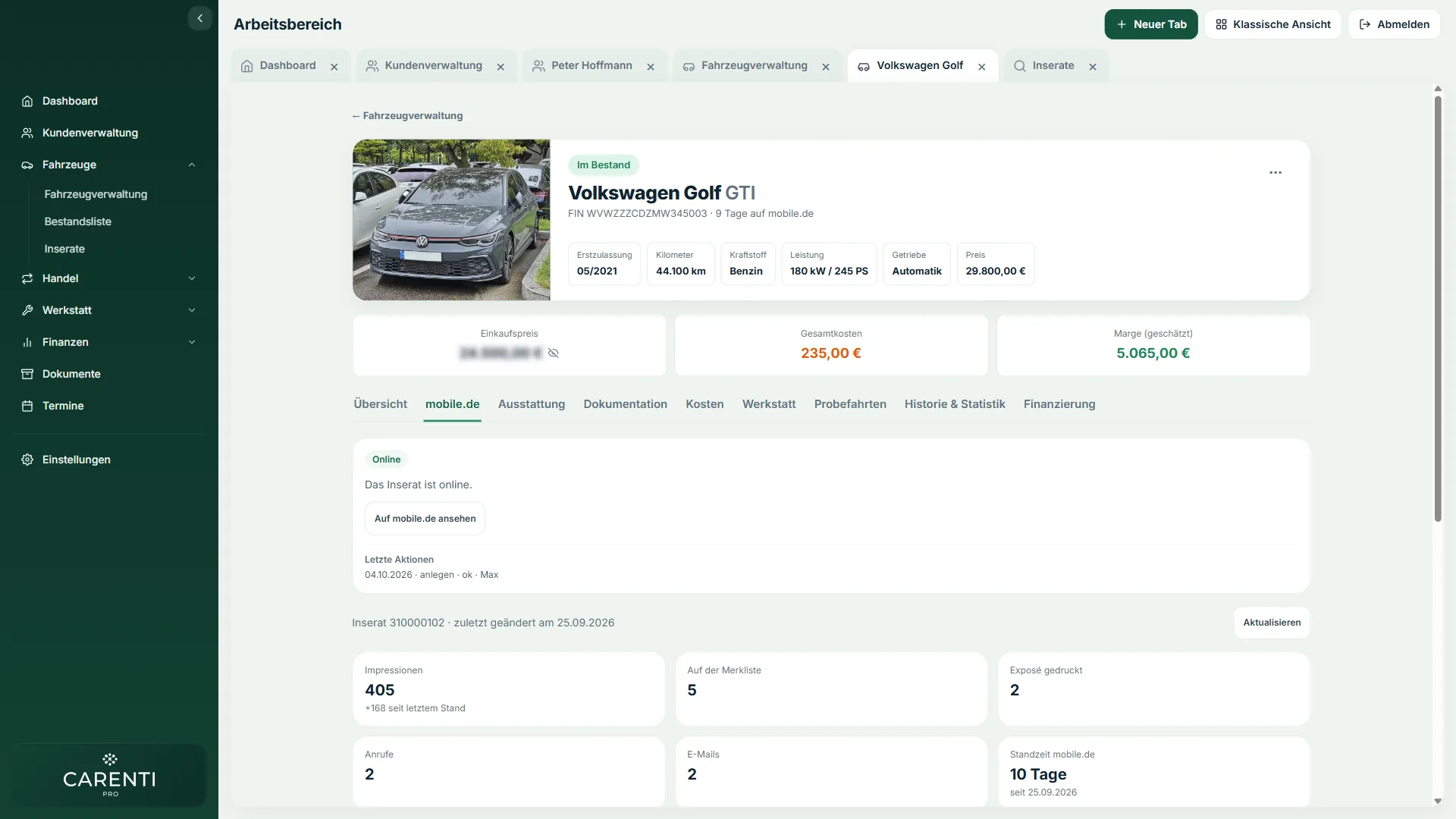Arbeitsbereich mit mehreren geöffneten Tabs in Carenti Pro