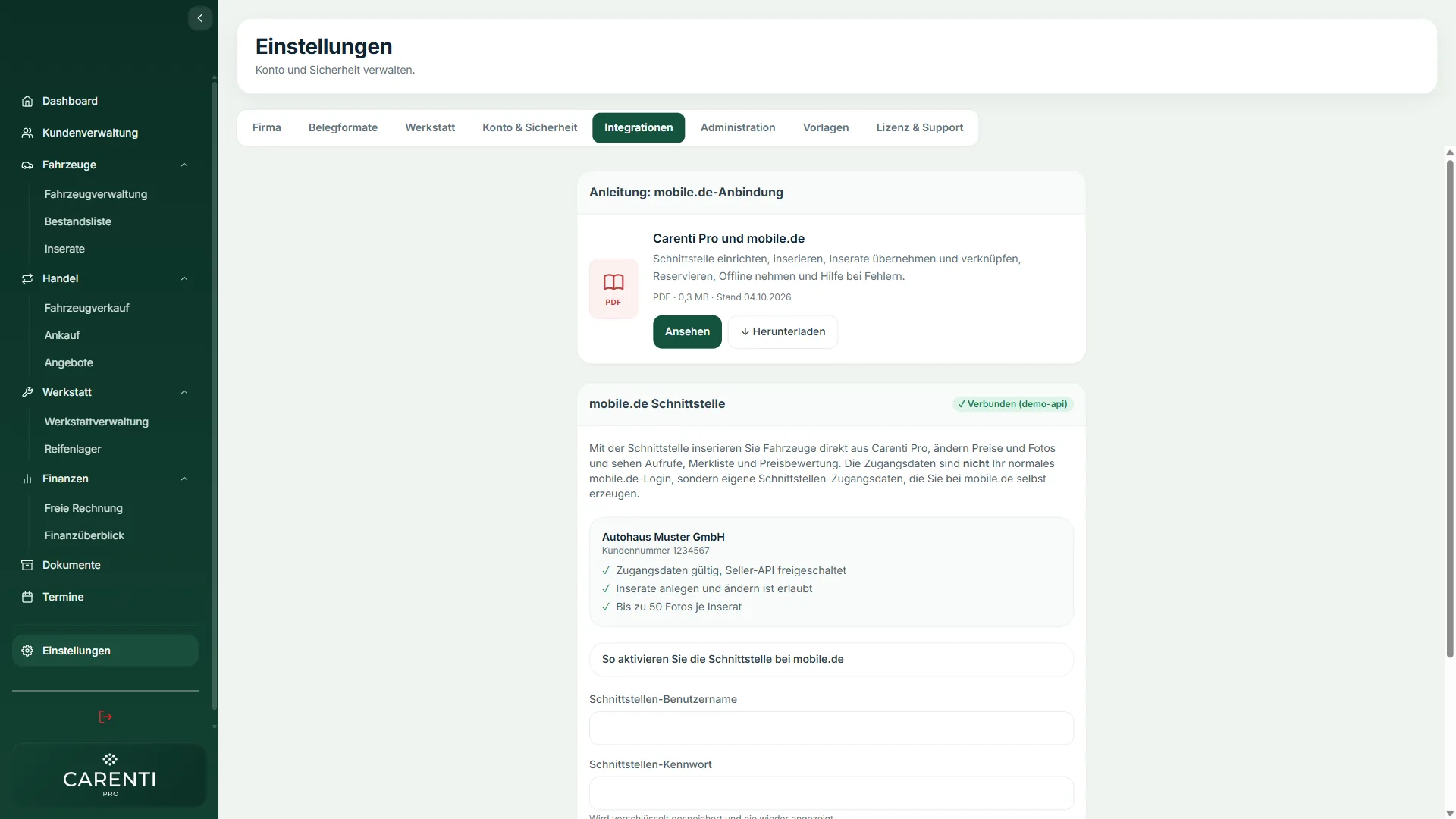 Einstellungen Integrationen mit verbundener mobile.de-Schnittstelle